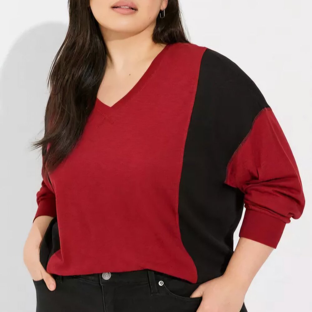 Torrid Sz 2 2X 18-20 Red Black Colorblock Slub V-Neck Long Sleeve Dolman Tee